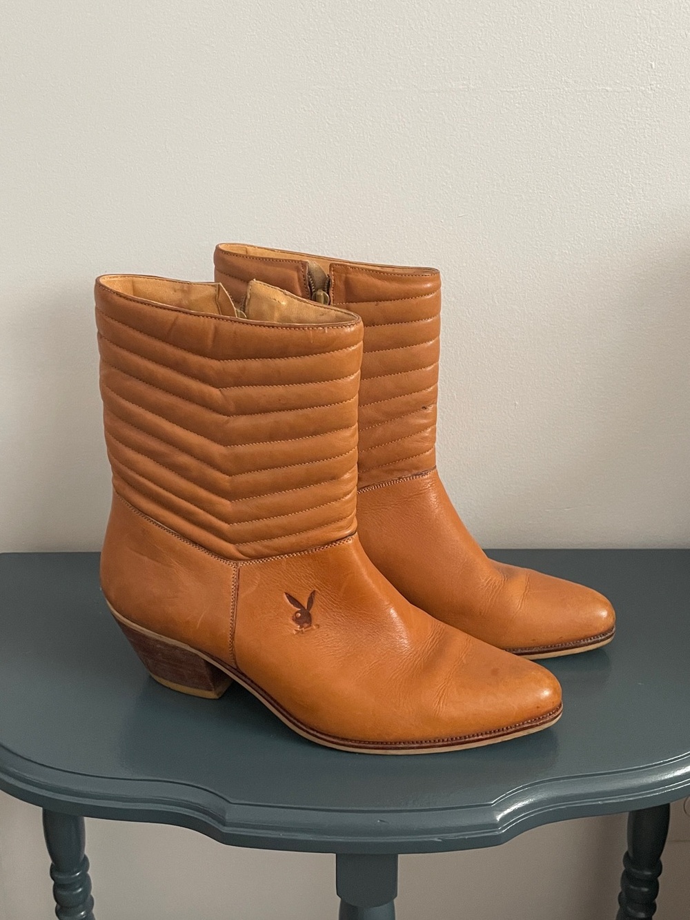 PLAYBOY Tan Quilted Shaft Leather Ankle Boots
